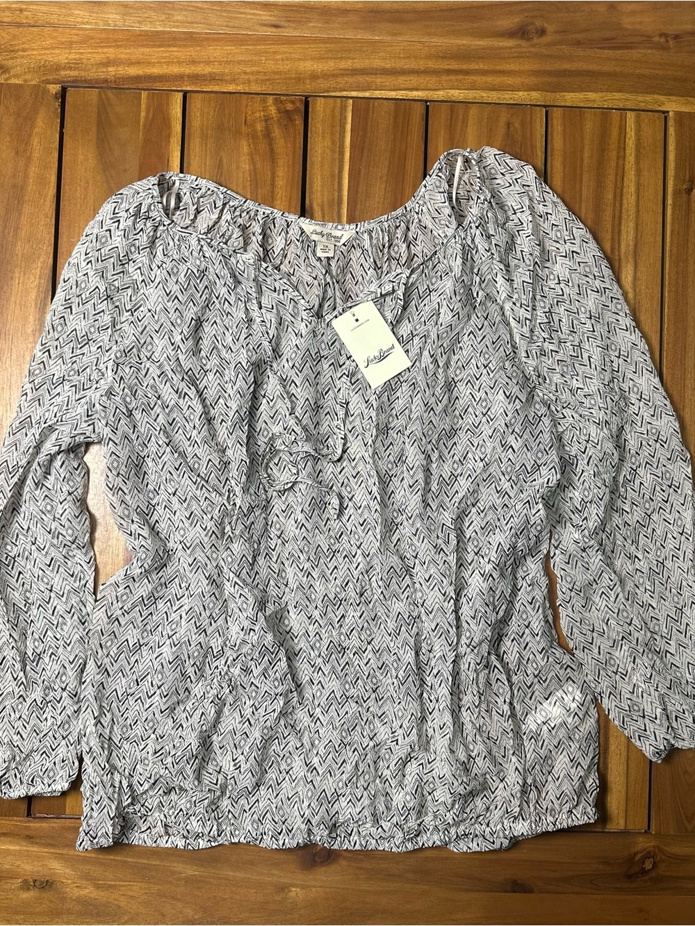 Lucky Brand Sheer Black and White Chevron Peasant Blouse Size 1X